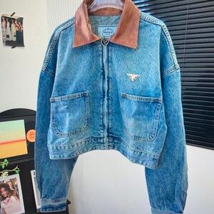 Prada Short Denim jeans Jacket with patchwork Leather